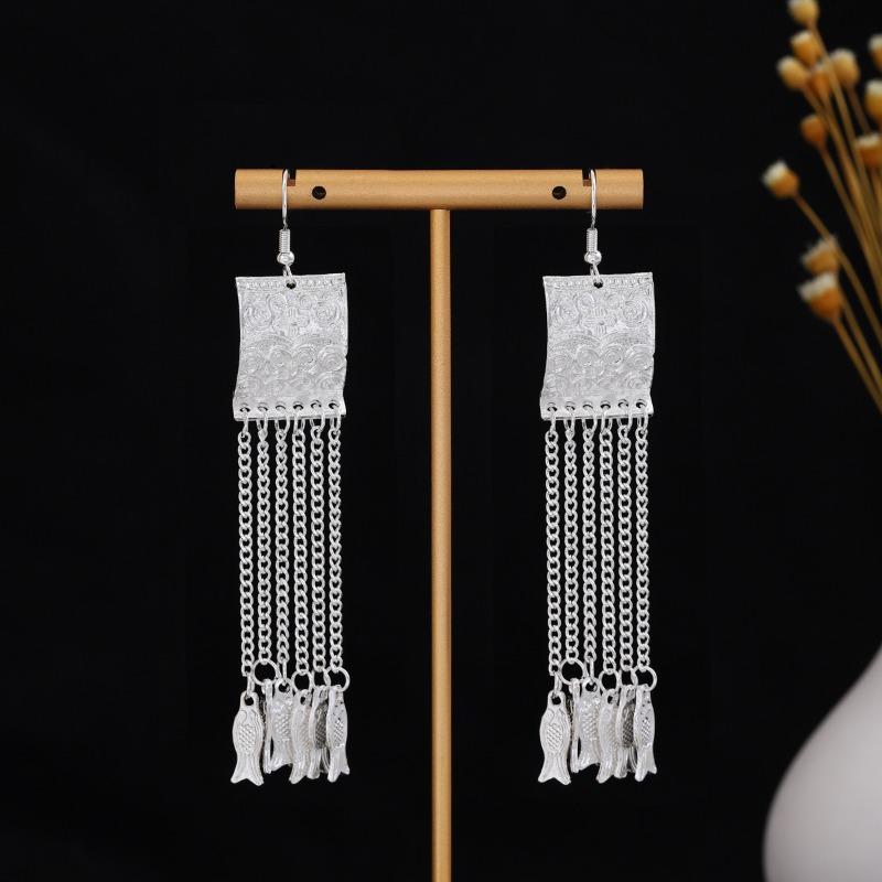 New Miao Long Tassel Minority Earrings, Light Luxury Miao Silver Exaggerated Fashion Temperament Earrings