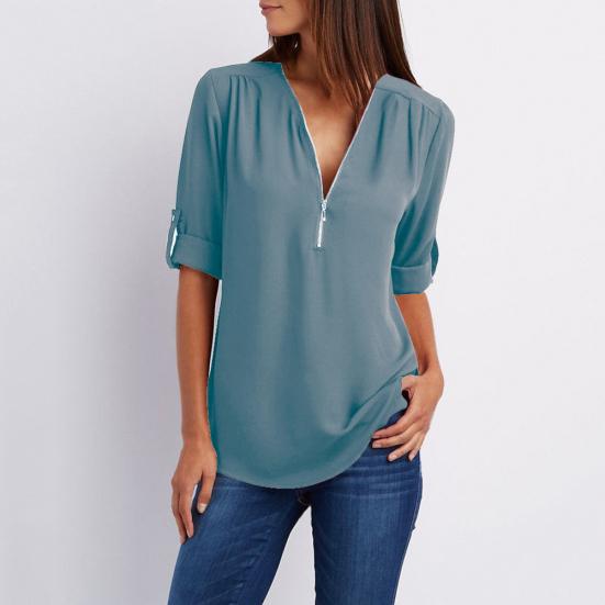 Plus Size Women Solid Color Loose Zipper V Neck Long Sleeve Chiffon Blouse Shirt