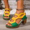 Fashion Plus Size High Heel Sandals Summer New Round Toe Open Toe Color Block Cutout Platform Non-slip Block Heel Shoes
