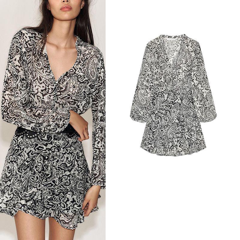Spring and Summer New Women's Clothing Commute Style Casual Loose Print Long Sleeves V-neck Casual Casual Dress 2468656
