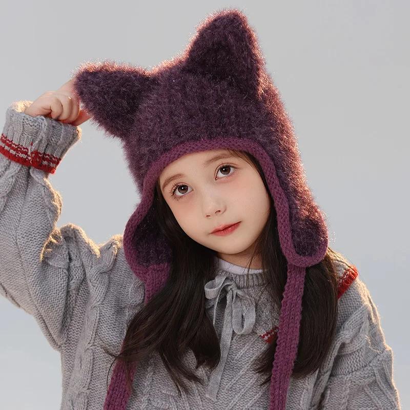 New Winter Kids Knitted Hat for Girls Boys Cartoon Warm Cat Ears Children Beanie Cap Plush Warm Child Bonnet Hats Bonnets