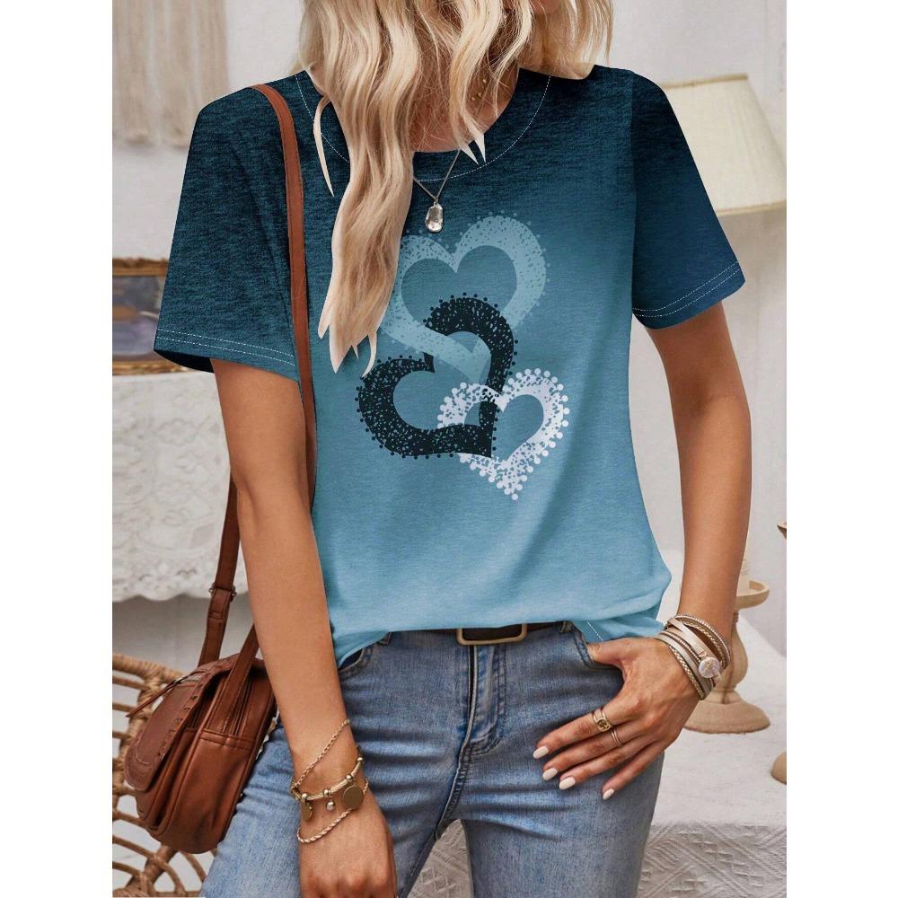 Fashion Heart Print Tee Fashionable Women's T-shirts Casual Round Neck Short Sleeve Tops Harajuku T-Shirt For Woman Summer
