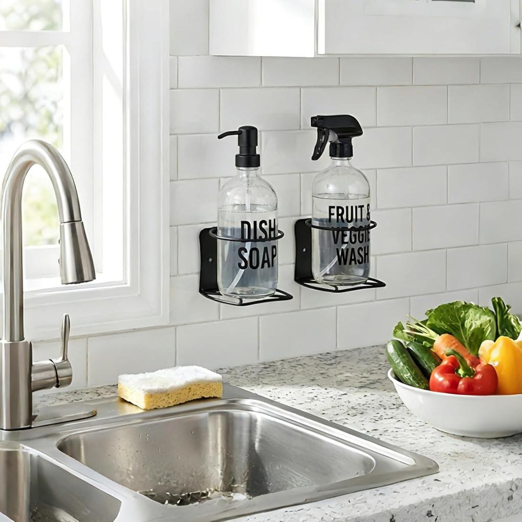 4 Pack Spray Bottle Holder, Heavy Duty Metal Wall Mount Spray Can Holder for Garage, Workshop, Craft & Kitchen Bottle Storage Rack, Easy Install