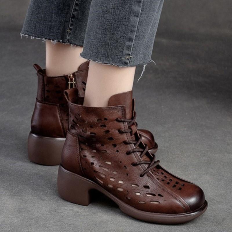 Johnature Stivali traspiranti scavati estivi Sandali con punta tonda retrò in vera pelle Scarpe con tacco medio da donna