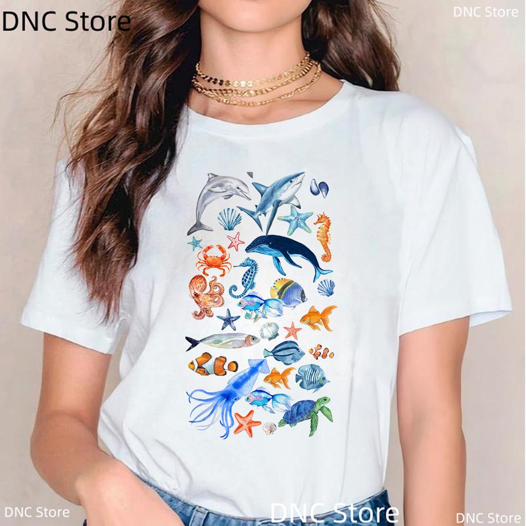 New Women Shark T Shirt Watercolor Shark Shirts,Manta Ray, Marine Creatures, Whale Print Tshirt,Summer Beach Vacation Tshirt Top