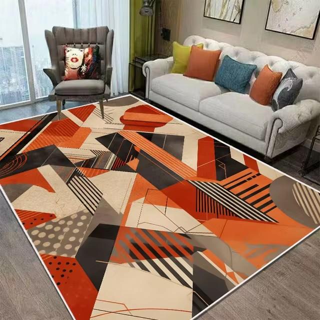 Nordic Style Orange Geometry Large Living Room Carpet Modern Decoration Bedroom Soft Non-slip Carpet Large Area Sofa Side Rug