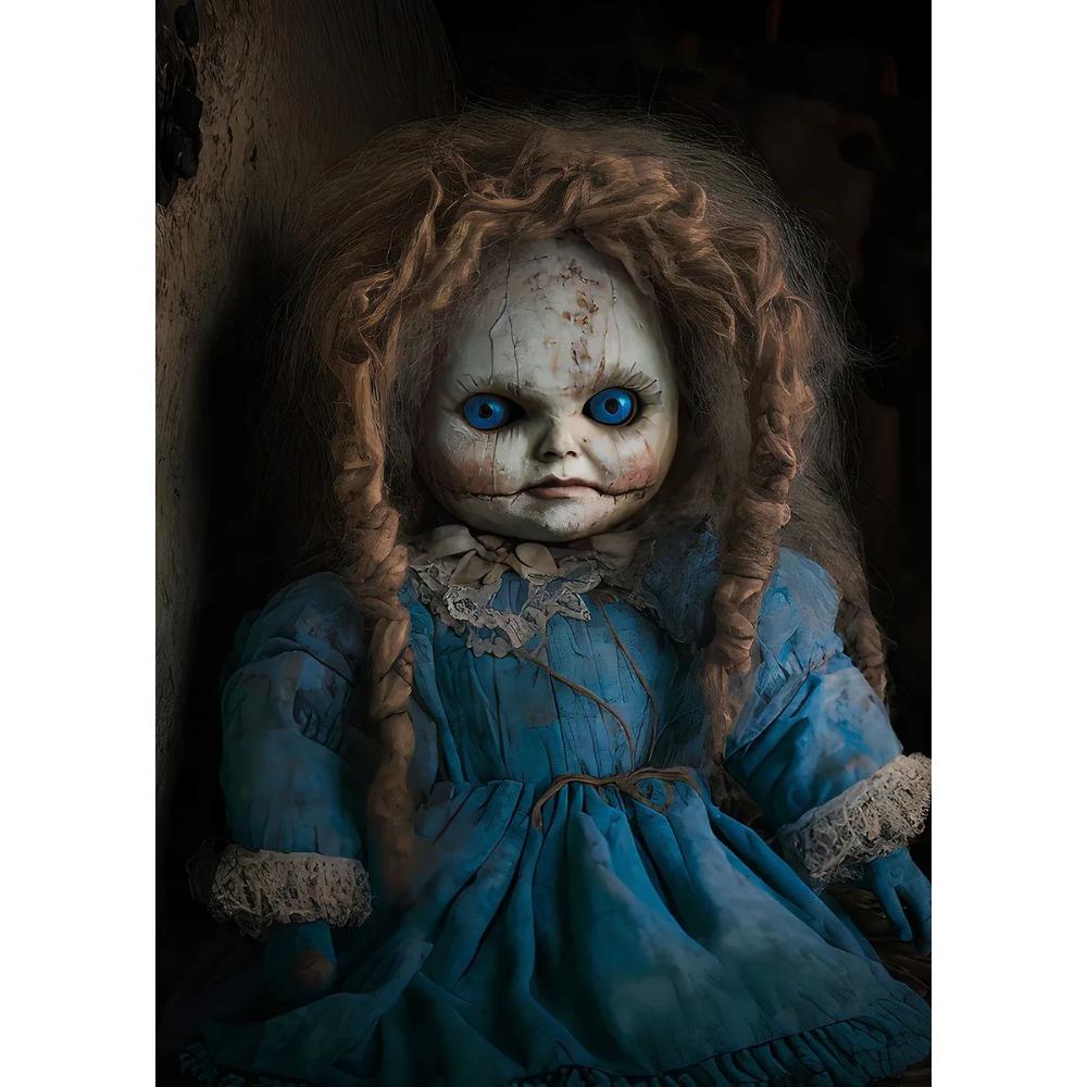 Vintage Gruselige Puppe Poster Blondes Haar Rissiges Gesicht Gotische Verfluchte Puppe Drucke Leinwandbild Wandbild Heim Wohnzimmer Dekor