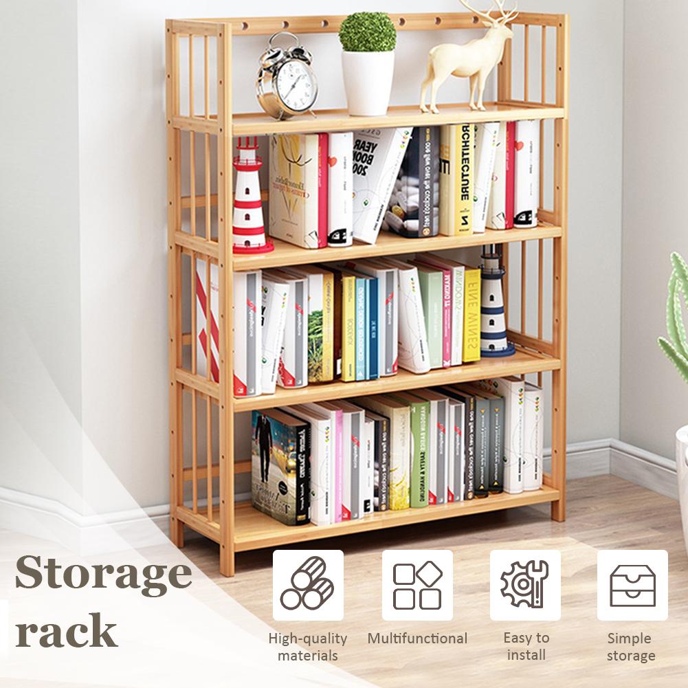4-Tier Bamboo Bookshelf Multi-Function Storage Shelves Reusable Free-Standing Display Rack for Bathroom Kitchen Living Room