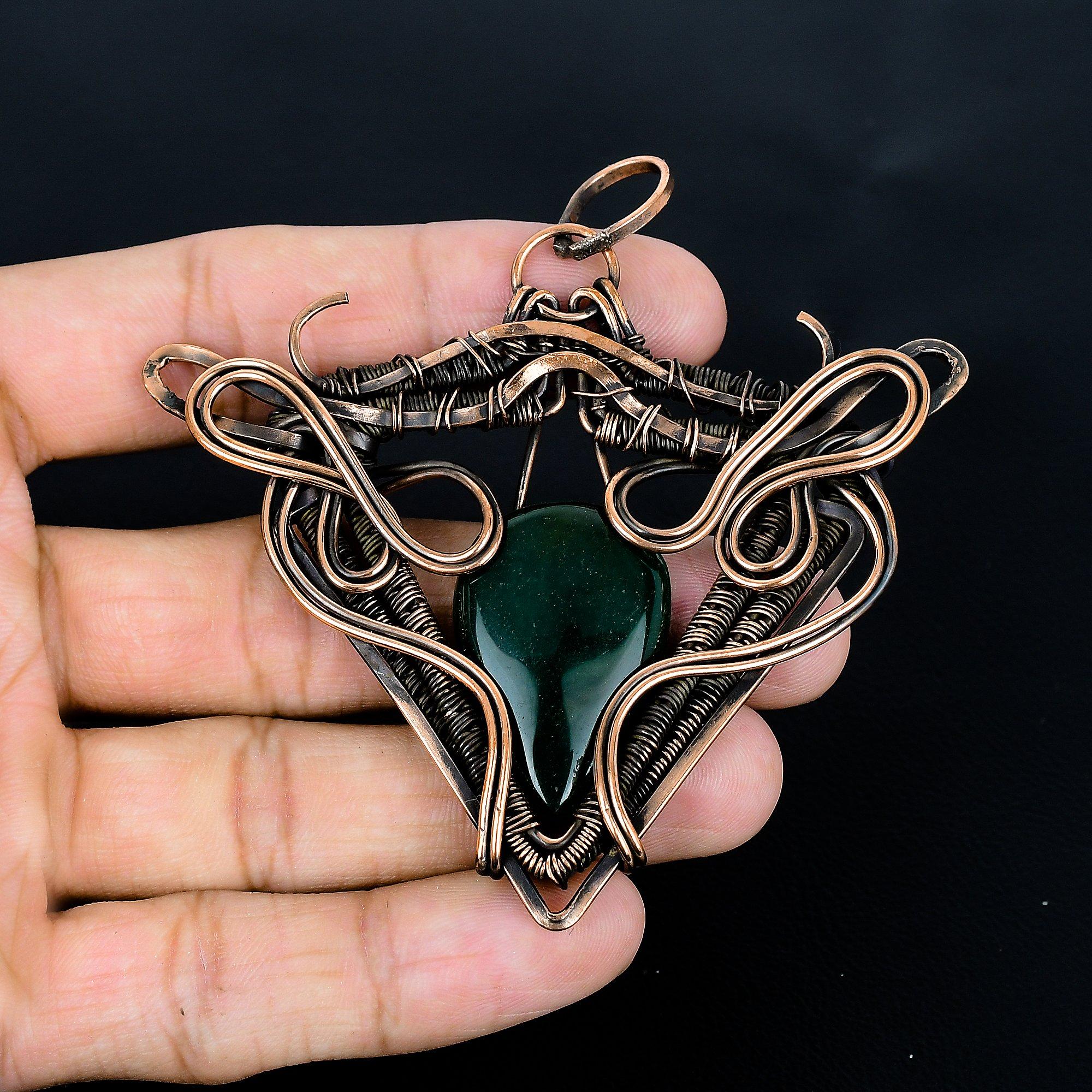 

Green Zade & Moonstone Pendant, 999 Copper Wire Wrapped Gemstone Jewelry, Handmade Pendant, Gift For Love 2.55 Inches