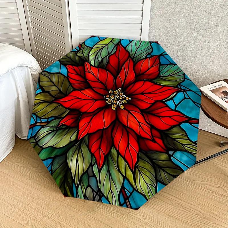 Stained Poinsettia Design Automatic Opening Folding Umbrella with 8-Bone Iron Frame for Outdoor Use, Festive Gift, Suitable for Fans, Travel