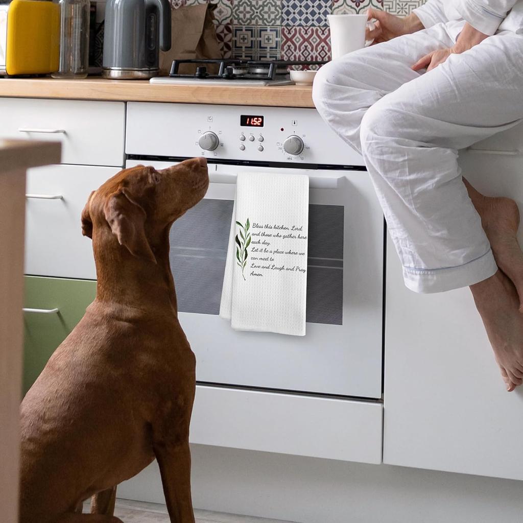 Christian Rustic Bless This Kitchen Towels, Farmhouse Religious Christian Prayer Room Home Decor, Prayer Sage Dish Hand Tea Towels for Kitchen,