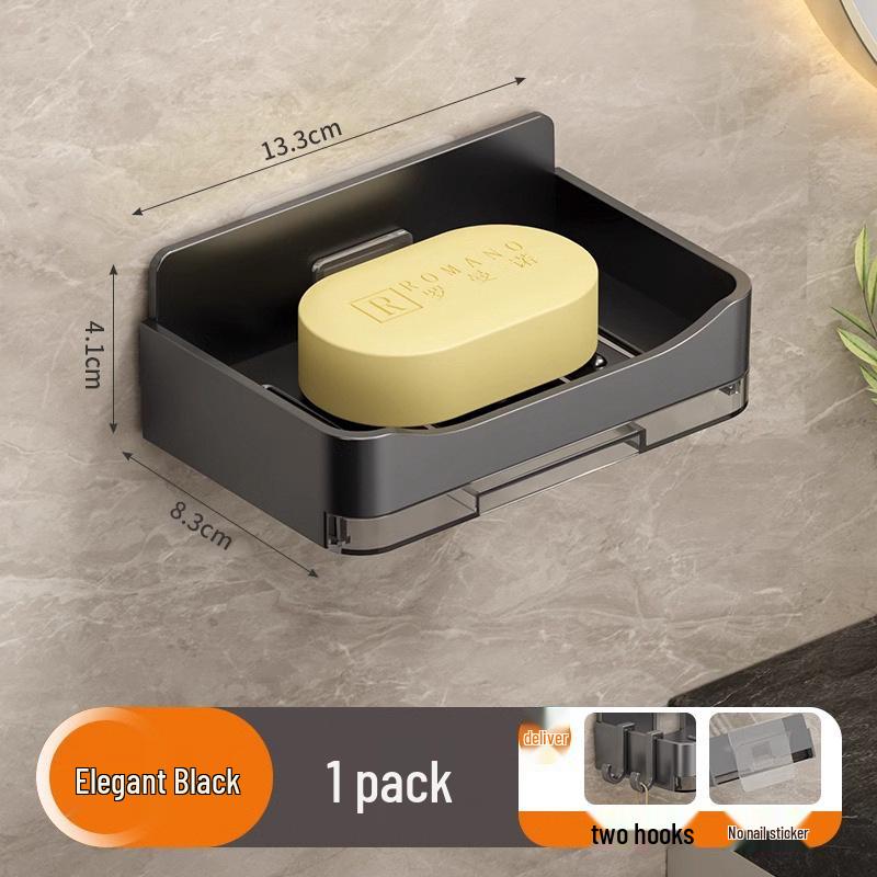 Punch-Free Wall-Mounted Soap Dish with Drainage and Hook - High Capacity Bathroom Storage Rack