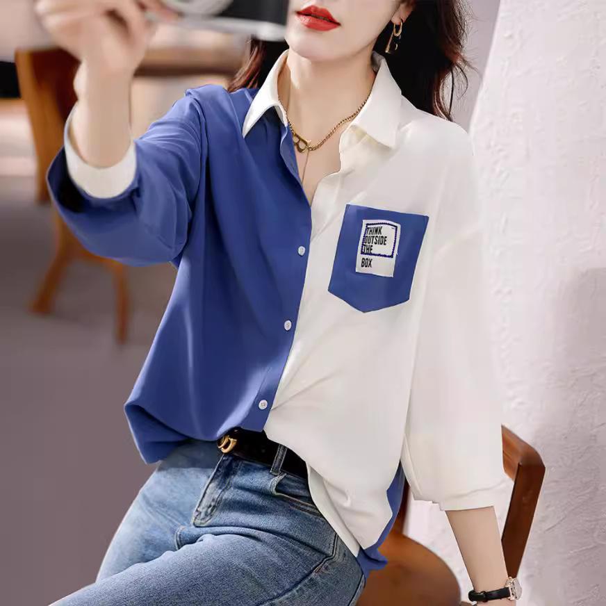 Woman Spring Autumn Style Blouses Shirts Lady Casual Long Sleeve Turn-down Collar Patchwork Printed Tops