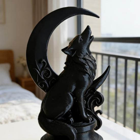 3D Printed Howling Wolf Sculpture with Crescent Moon Base, Matte Black Finish Collector Art, Gothic Black Statue for Bookshelf Desk
