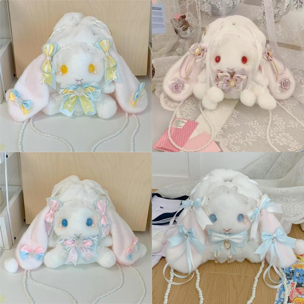 Japanese Lolita Bunny Plush Bag With Pearl Chain For Daily Fashion And Cute Storage