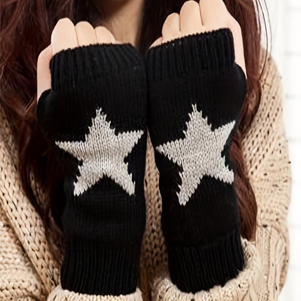 Cute pentagram black gloves for men and women, winter open finger knitted warm gloves