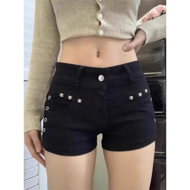 

Hot Ultra-Low Waist Streetwear Rivet Summer Spicy Girl Hip-Hugging Black Short Jeans for Women with Slimming Effect Double Extra Large