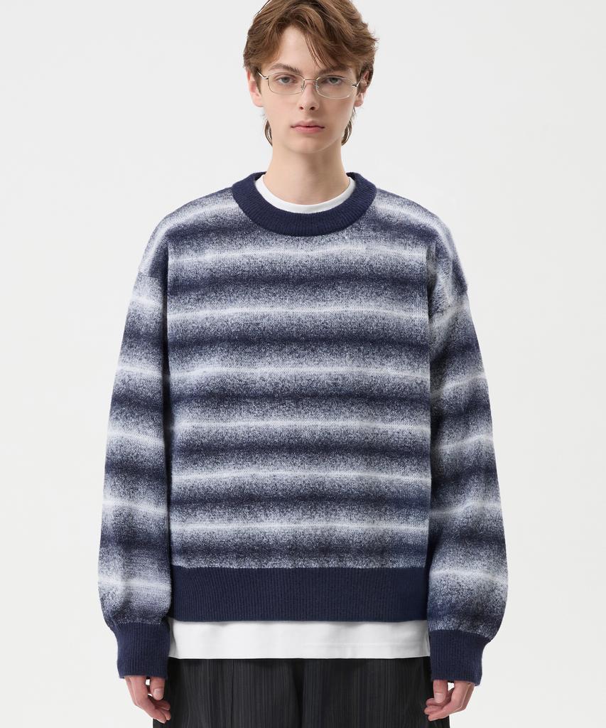 TRILLION Washable Gradient Stripe Crewneck Knit_Navy