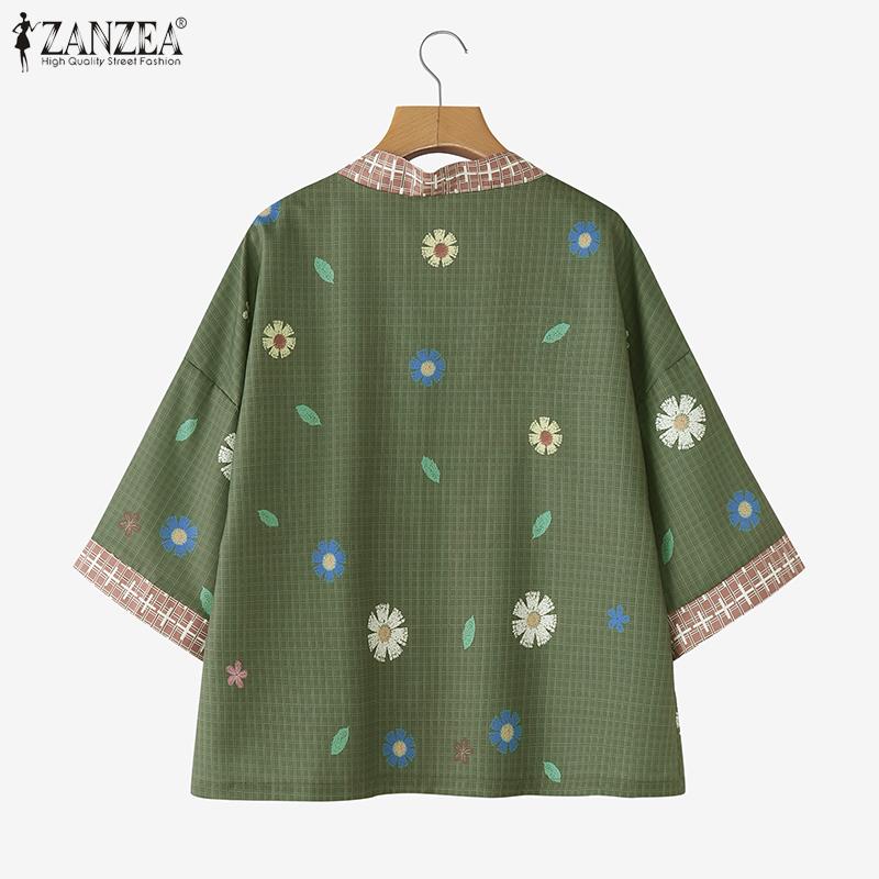 ZANZEA Women Floral Print Loose Casual 3/4 Sleeve Kimono Cardigan Blouse