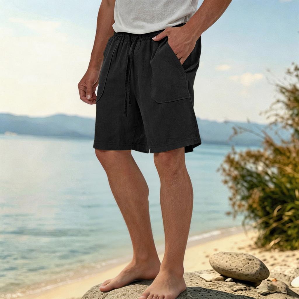 Mens Summer Linen Casual Shorts Loose Fit Lightweight Breathable Beach Shorts with Drawstring Waistband Pockets for Daily Wear