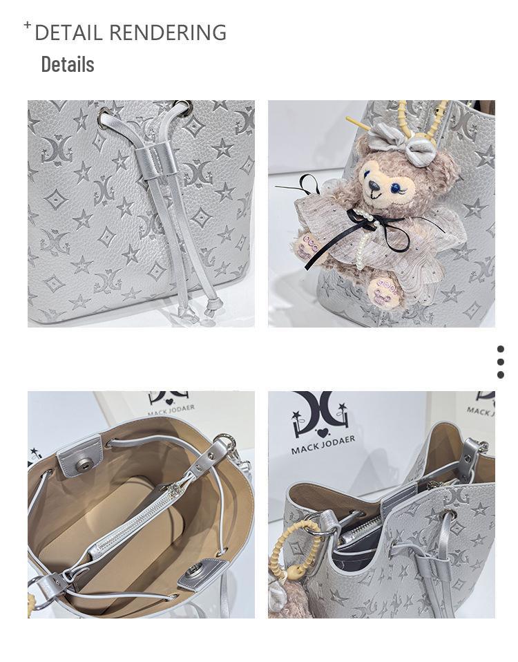 Women's Large Capacity Single Shoulder Bucket Bag with Inner Lining, Compartment Organizer, and Zippered Middle Section.