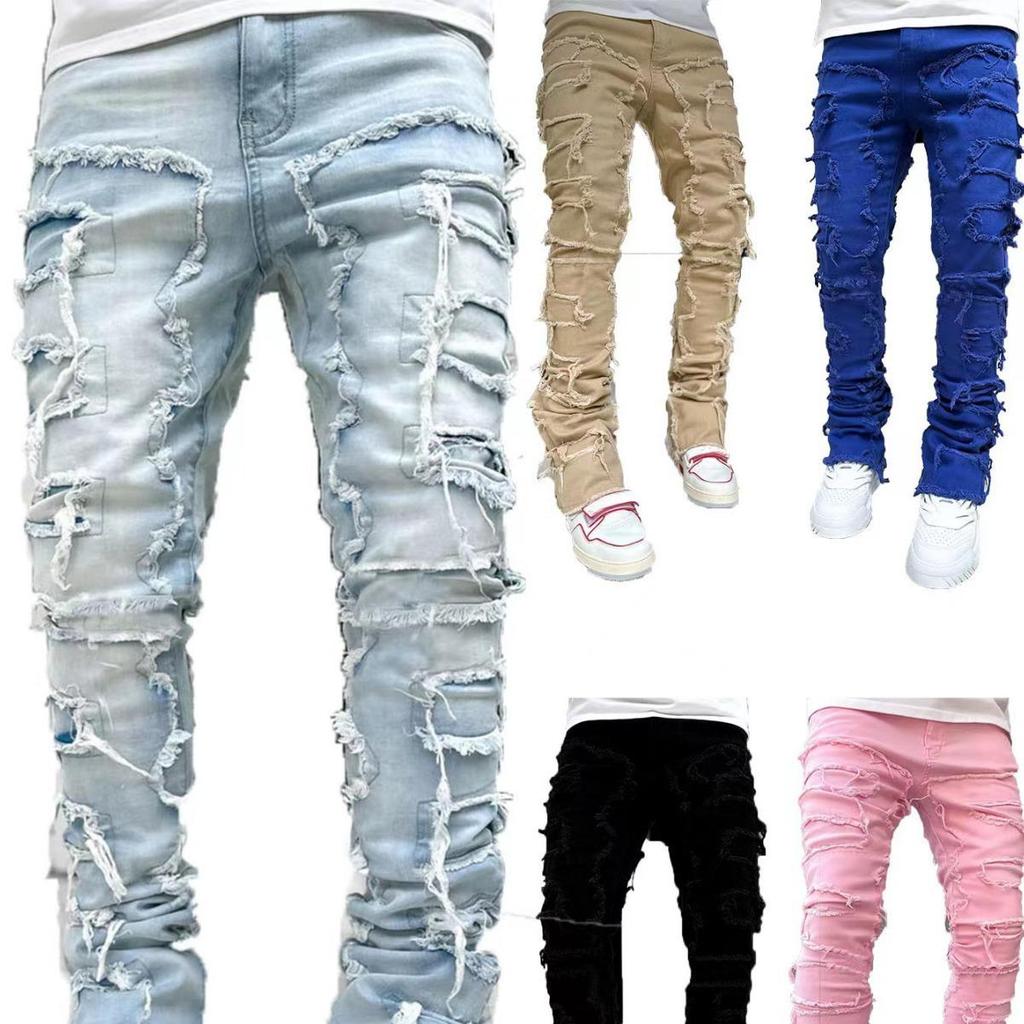 Men's Multi-Color Patch Slim-Fit Flared Jeans - Trendy High Street Style 2023