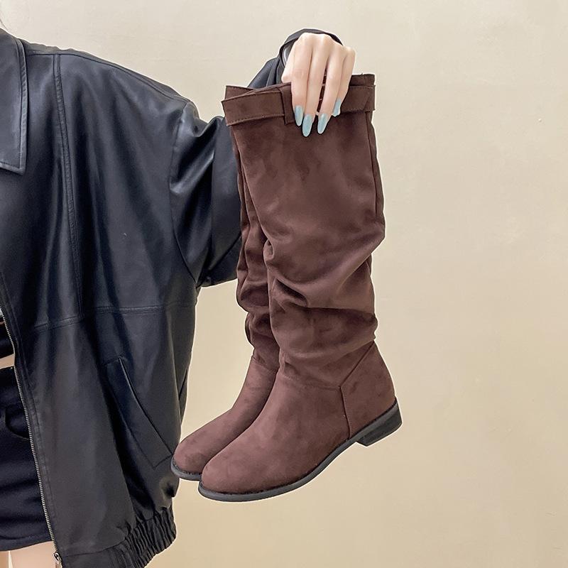 Retro suede boots women's 2025 autumn and winter new French pleated thin versatile daily stacking boots fashion boots