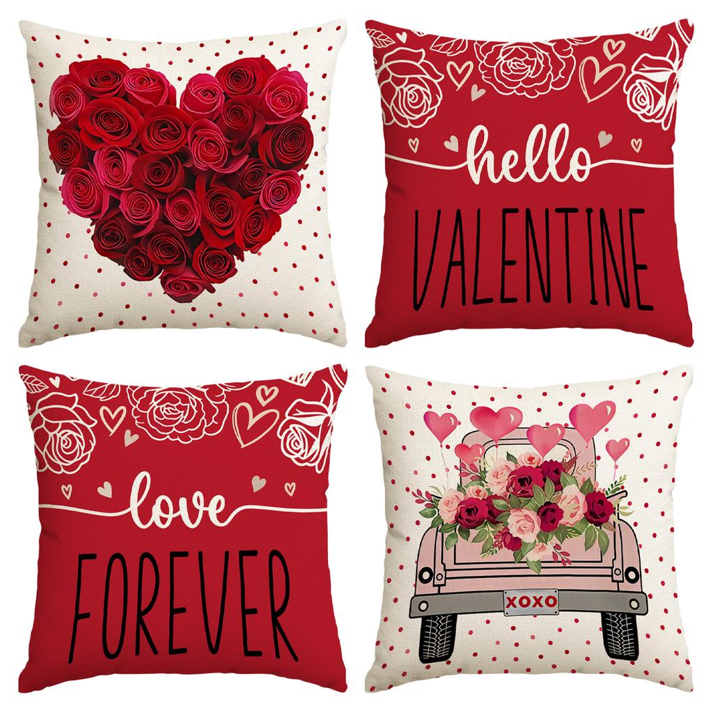 4Pcs Valentine'S Day Red Heart And Cute Black Cat Pattern Pillow Cover, Used For Living Room And Sofa, (Excluding Pillow Core)