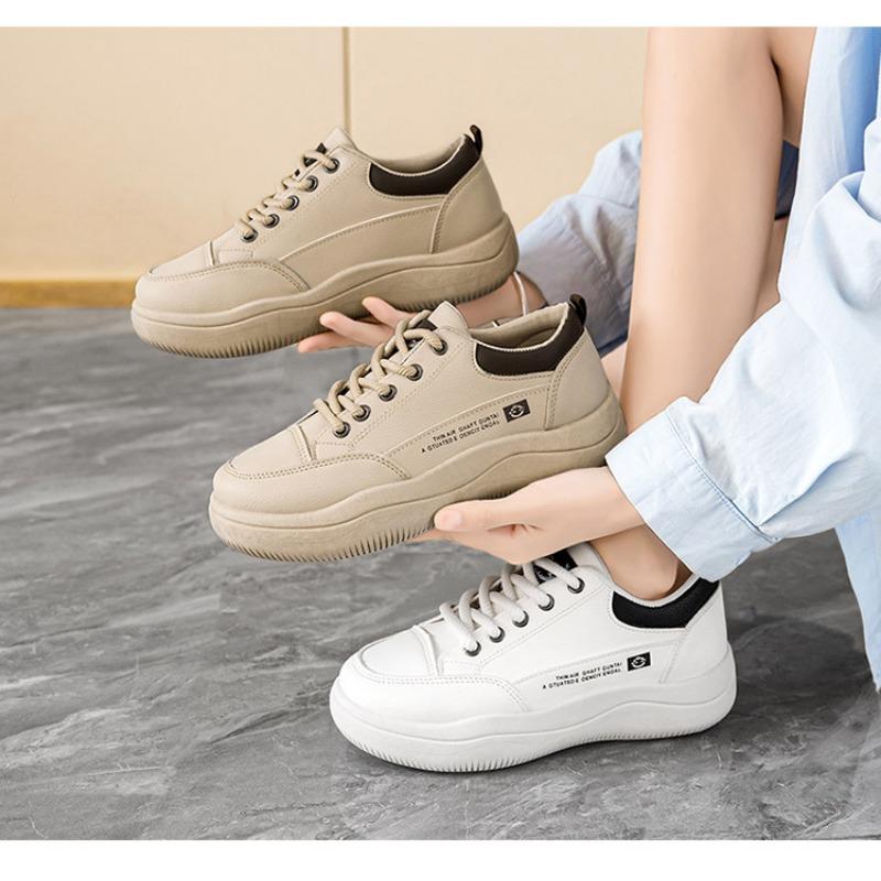Women's Casual Leather Sneakers Lightweight Non-slip Platform Shoes Fashion Lace-up Walking Shoes