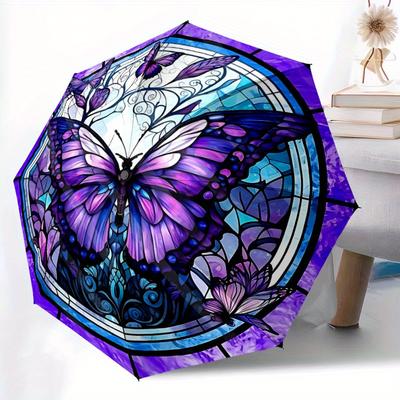1pc Butterfly Stained Glass Folding Umbrella With Excellent UV Protection, 8 Ribs Casual Durable Lightweight Portable Travelling Umbrella Fo