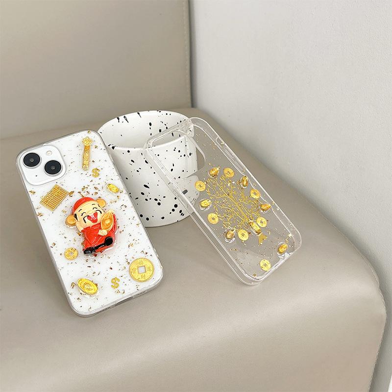 New Year's Money Tree God of Wealth Mobile Phone Case for Apple 16 Promax Transparent Glue for IPhone 17 Yuan Bao Qian