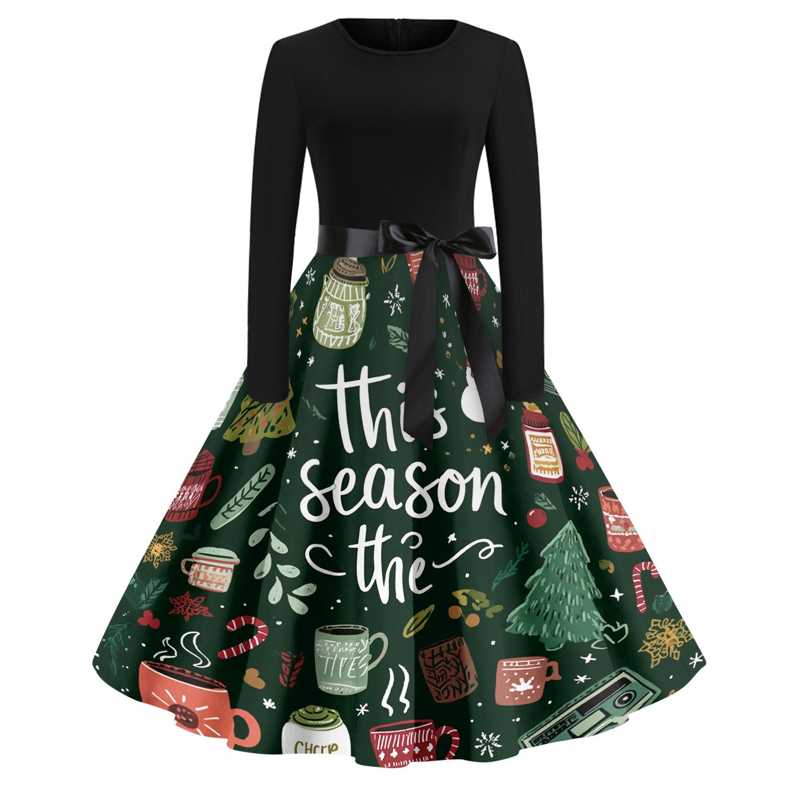 

Women s Casual Fashion Round Neck Christmas Printed Vintage Dress L