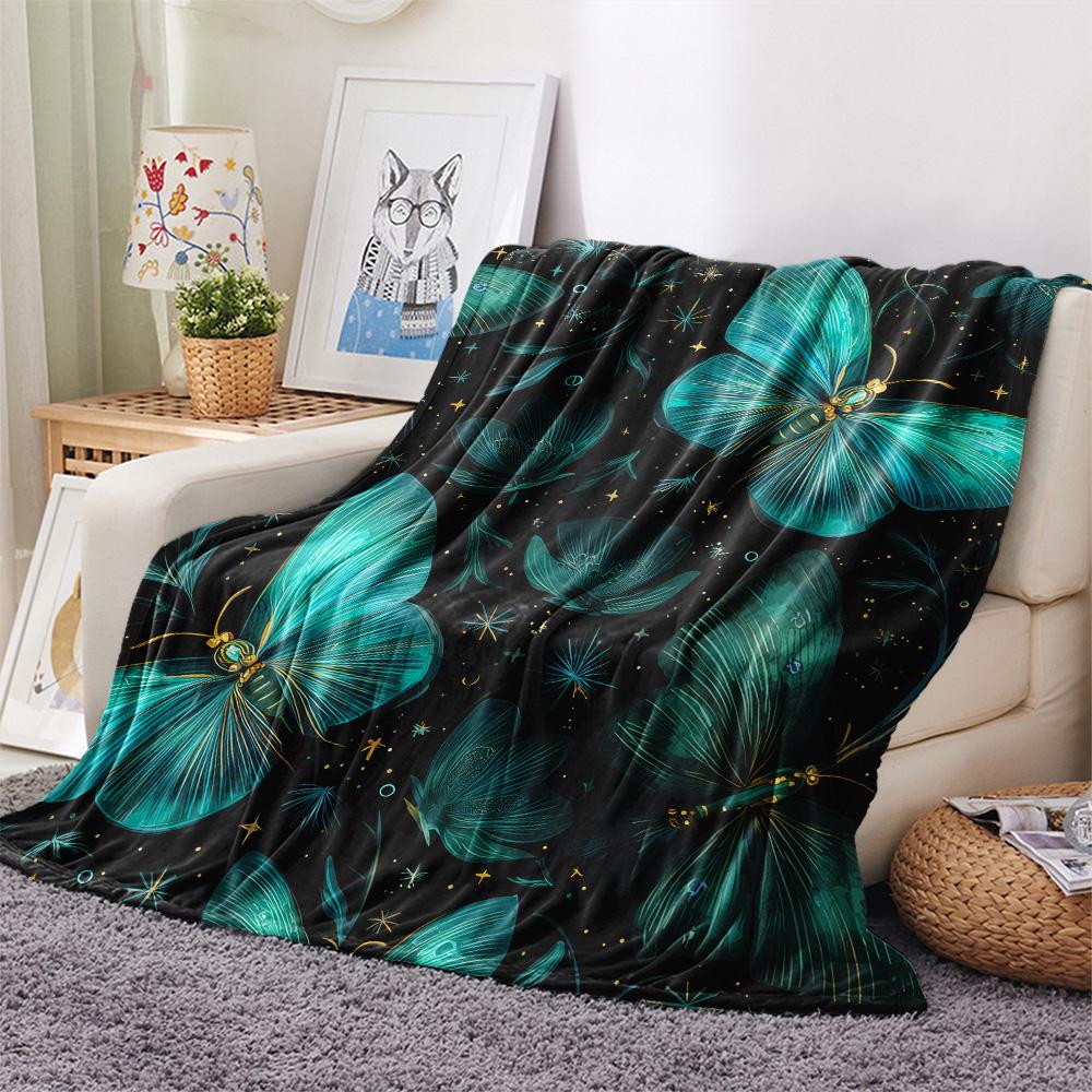 Cyan Butterflies Print Flannel Blanket, High quality Comfortable for All Seasons, Home Decor, Warmth and Comfort