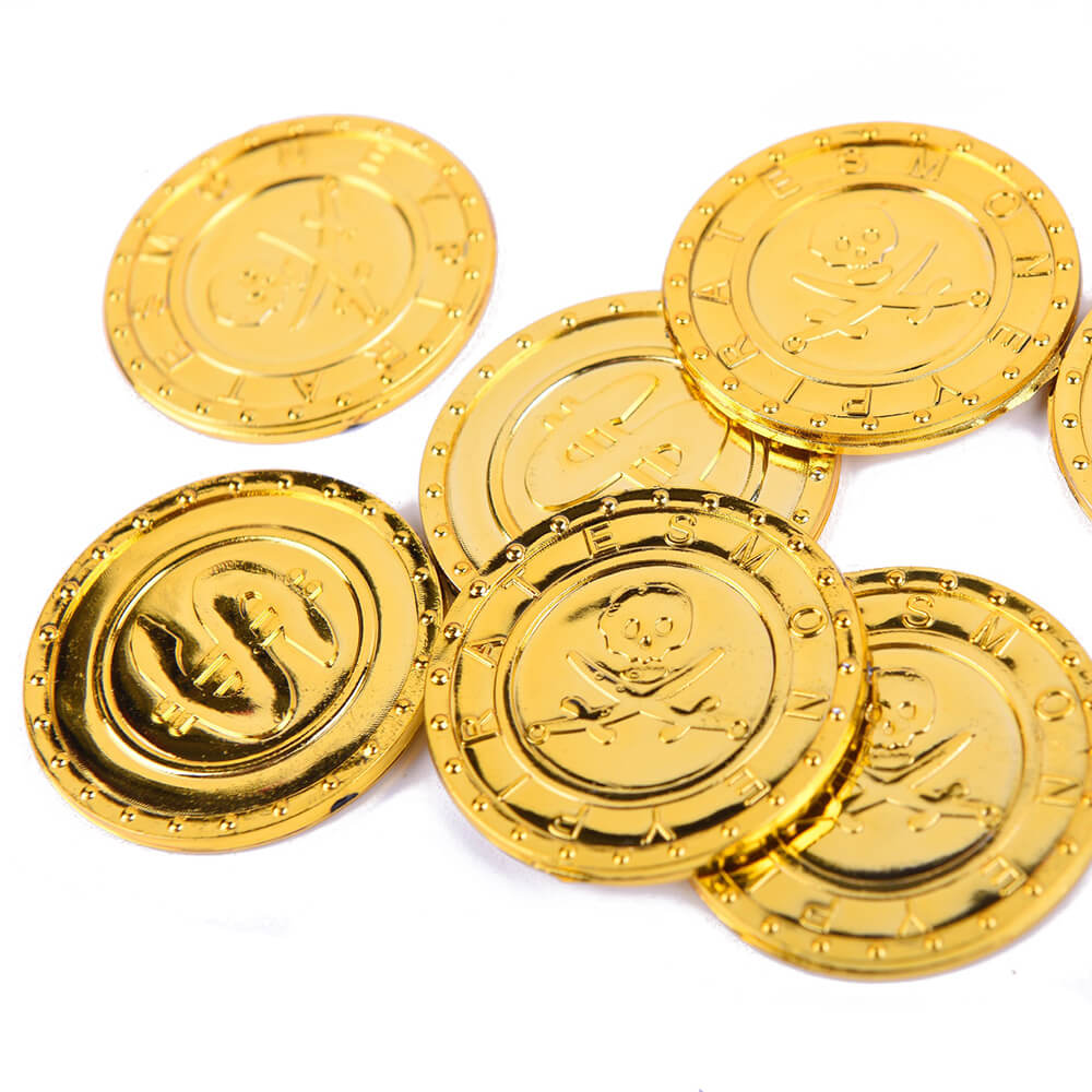 50pcs/pack New Skull Pirate Gold Coins Game Coin Prop Happy Halloween Event Party Decorations Favors Treasure Coins Fake Plastic