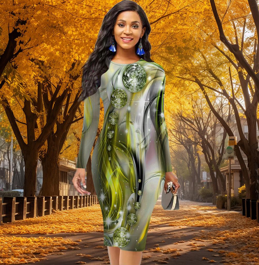 Long Sleeve Waist Tight Office Slim Fit Fashion Pearl Printing Elegant Bodycon Dress