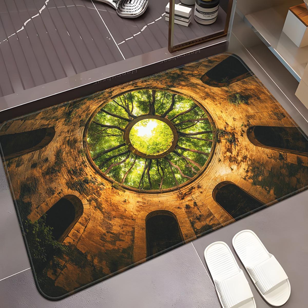 

1pc Circular Green Center Nature Pattern HD Printed Non-Slip Absorbent Machine Washable Polyester Mat - Indoor/Outdoor Door Mat 40x60cm