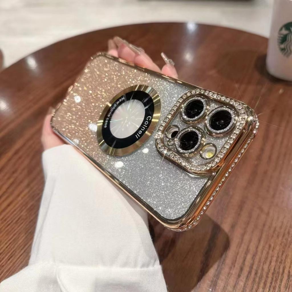 Suitable for Apple 16proMax Water Diamond Magnetic Phone Case, Gradient IPhone15 Anti-drop Lens Film 14 Protective Case