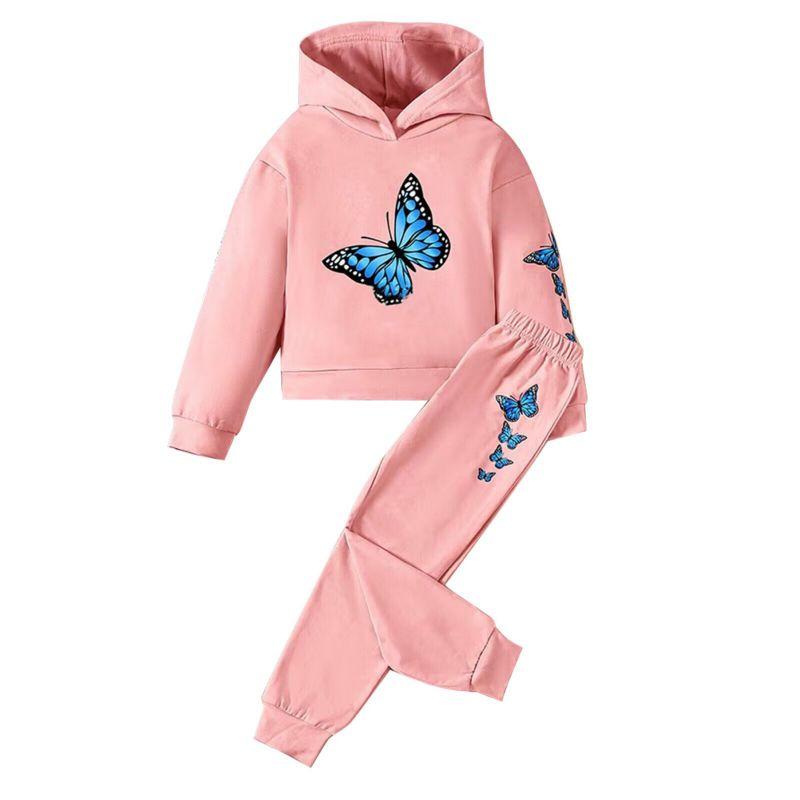 

2-13 Years Kids Girls Butterfly Printed Clothes Set Hooded Pullover Top and Pants 160