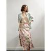 Qooth  Floral Trumpet Skirt Mid length Satin Casual Elastic Waist Printed Maxi Skirt QT1855