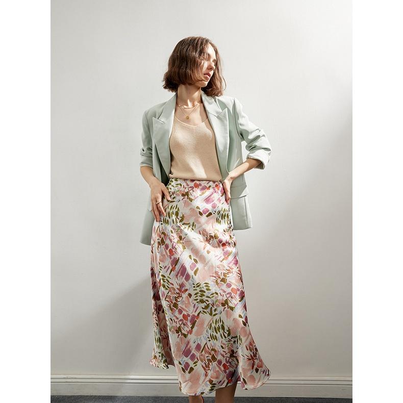Qooth  Floral Trumpet Skirt Mid length Satin Casual Elastic Waist Printed Maxi Skirt QT1855
