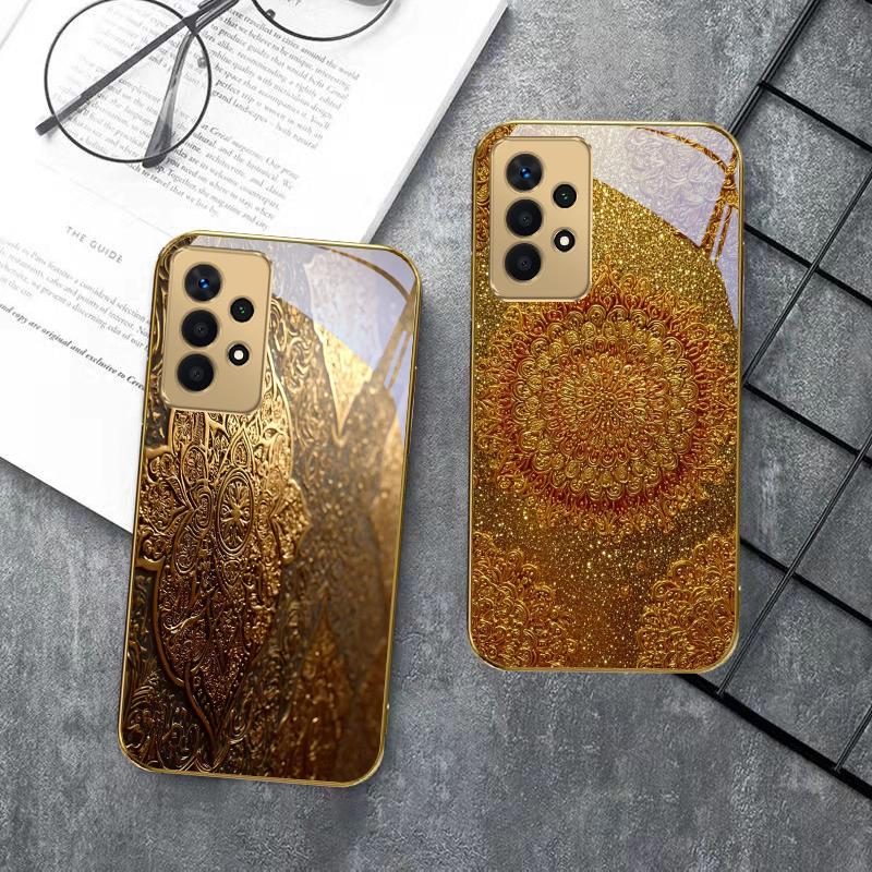 Golden Classical Emblem For Samsung A 01 52S A04 A05S A10 A12 A13 22 23 24 36 42 M02 Note 10 20Ultra 8 9 Golden Glass Phone Case
