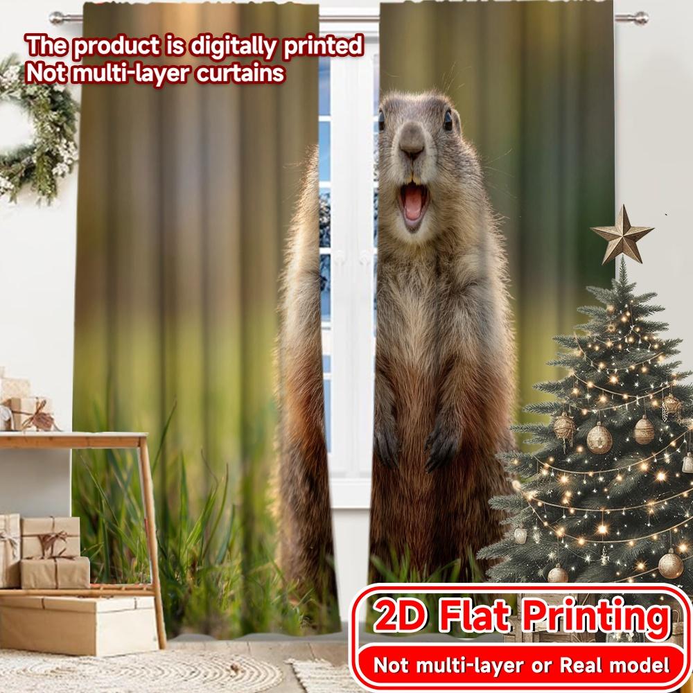 

Set Of 2 Flat Printing Happy Groundhog Chic Curtain Cloth Versatile Fabric Curtains Outdoor Decorations Kitchen Living Room For Area Made Polyester W100*H70(CM)-Rod Pocket&2PCS