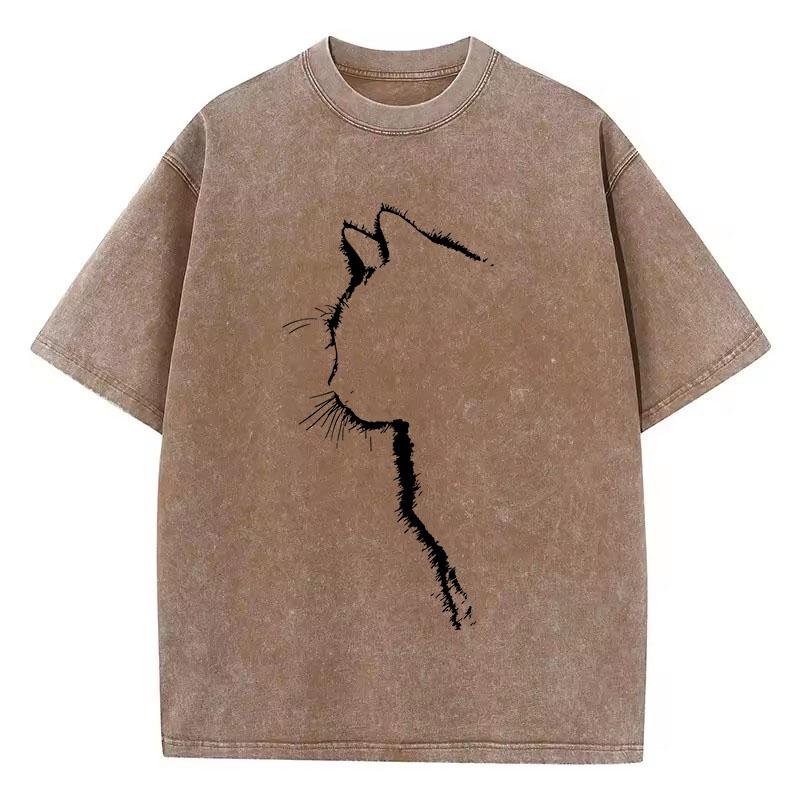 T Shirt Vintage Washed Cotton T-Shirt Retro Cat Graphic Tee Casual Streetwear for Spring Summer Top Tee