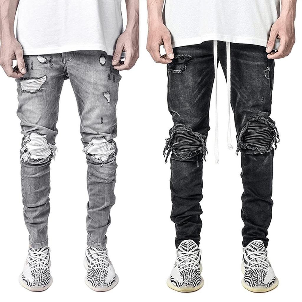 Trendy Men's European Stretch Motorcycle Black Ripped Denim Jeans