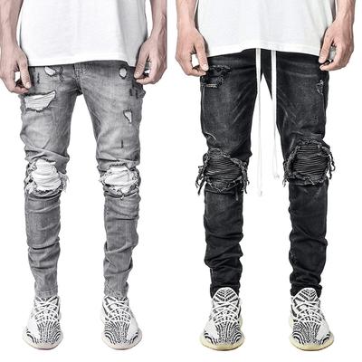Trendy Men's European Stretch Motorcycle Black Ripped Denim Jeans