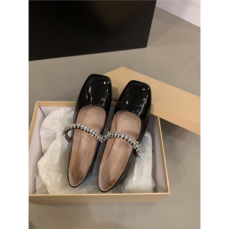 

Sheepskin version! Square head Mary Jane shoes women s rhinestones with French single shoes flat temperament evening shoes grandma shoes 39 чёрный