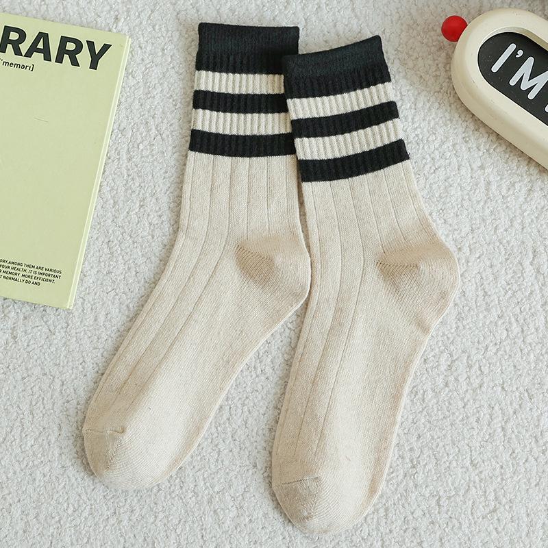 

Women s Wool Mid-Calf Socks - Warm, Thick, Color Block College Style for Autumn & Winter One Size