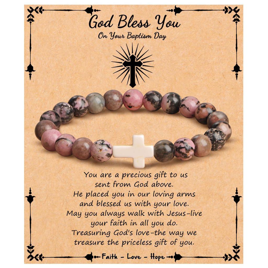 Emperor Stone Pink Zebra Beaded Bracelet with Cross Charm