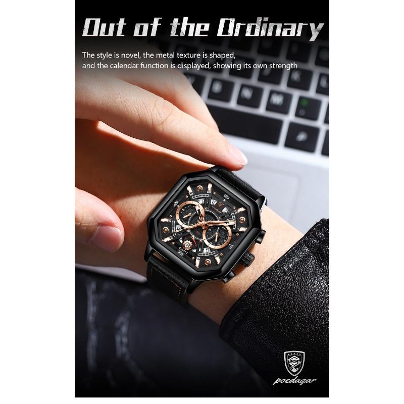 POEDAGAR Luxury Chronograph Square Man Watch Waterproof Luminous Date Men Watch Sports Leather Men's Watches Quartz