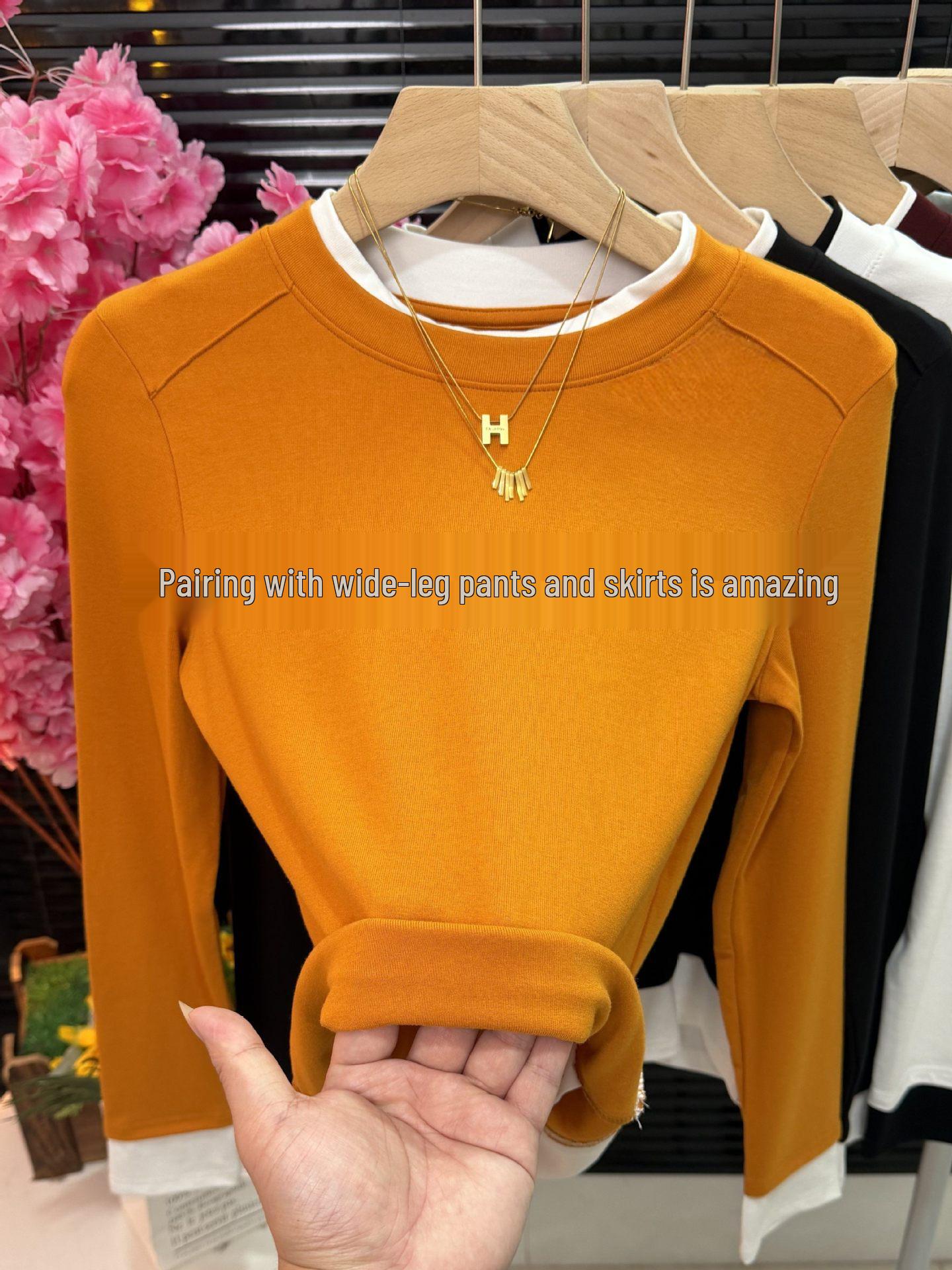 

Women s Stylish Color Block Round Neck Two-Piece Look Long Sleeve Slimming Base Layer Top XL (Weight: 120-140 lbs)